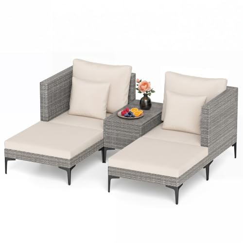 LIFEZEAL Rattan Gartenmöbel Set, Sonnenliege 2 Personen, 5-teilige Gartenlounge Set Gartensofa mit Liegefunktion, Gartenliege Lounge Set für Garten, Balkon, Terrasse, Poolrand (Grau+Weiß)