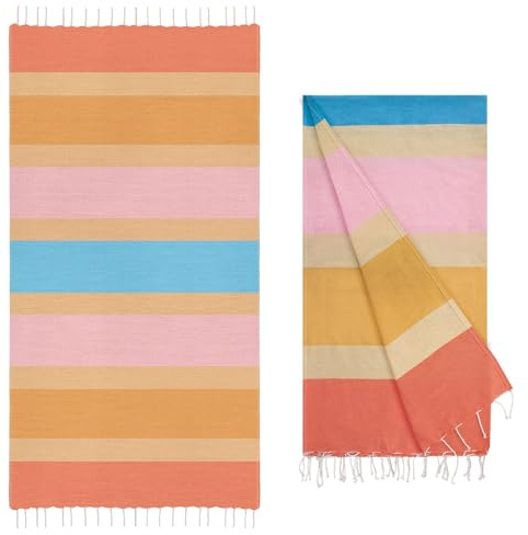 Adri. Set de 2 Toallas de Playa de Algodón, 90 x 180 cm, Rayas, Suaves y Absorbentes, Estilo Casual, para Playa y Piscina (Multicolor)