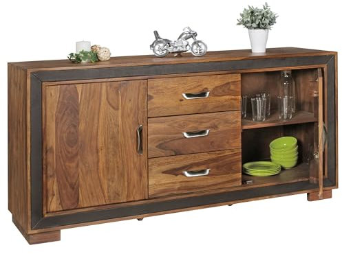 Wohnling Design Sideboard Sheesham Massivholz mit Kunstleder 160x44x80 cm, Anrichte im rustikalen Landhausstil, Kommode mit Schubladen & Türen