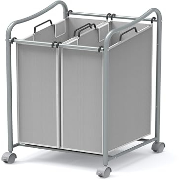 Simple Houseware 2-Bag Heavy Duty Rolling Laundry Sorter Cart, Silver – 2 Section Removable Bags and Lockable Wheels for Laundry Room Organization