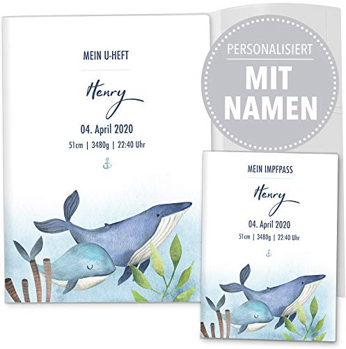 OLGS U-Heft Hülle 3-teilig Set Walfisch Untersuchungsheft Hülle & Impfpasshülle Geschenkidee mit Namen (Impfpasshülle, Uhefthülle 3-teilig personalisiert, Blauwal & Buckelwal)