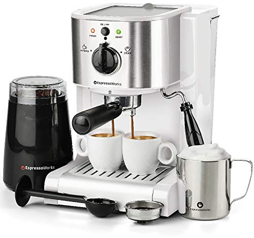 EspressoWorks 7 Pc All-in-One Espresso & Cappuccino Maker Machine Barista Bundle Set w/Built-in Steam Wand (Inc: Coffee Bean Grinder, Portafilter, Frothing Cup, Spoon w/Tamper & 2 Cups) (White)