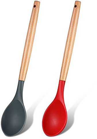 2 Pieces Silicone Mixing Spoon with Wooden Handle Non-Stick Basting Spoon Serving Spoon Heat Resistant Utensil Spoons for Mixing, Baking, Serving and Stirring, Red and Black | Nonstick Heat Resistant Spoons for Mixing Stirring, Large Silicone Utensil with Hanging Hole, Ideal for Baking Serving