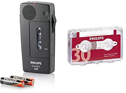 Philips Pocket Memo LFH0388 Analoges Mini-Kassetten Diktiergerät (Schiebeschalter, Automatische Aufnahmeaussteuerung, Sprachaktivierung, LED-Anzeige), Anthrazit & LFH0005 Mini-Kassette 1 Stück.