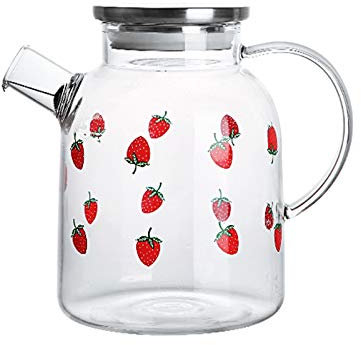 caihuashopping Jus Carafe d'eau Pichet en Verre à Fraise avec Couvercle en Acier Inoxydable Haut Haut Borosilicate Théière en Verre avec Filtre Peut être Un Cadeau (1800 ML) Thé Cruche