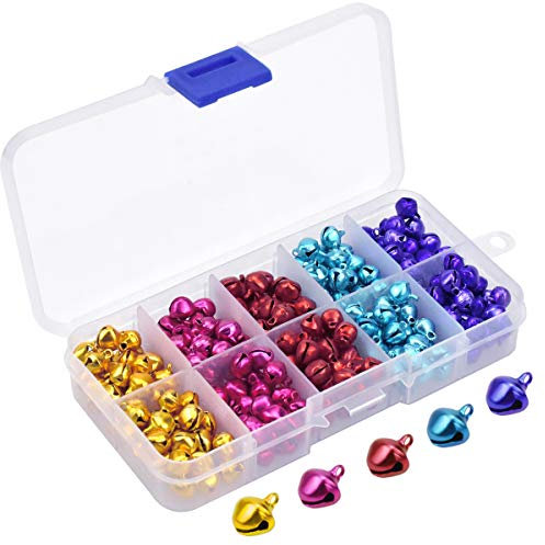 Focenat 300Pcs Coloured Bells, 8mm Craft Sleigh Mini Small Metal Bells with Storage Box for DIY Jewelry Making, Festival Christmas Decorations, Cat Collars, 5 Colors