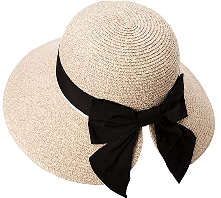GizellMG Chapeau de Paille Pliable Panama de Plage Femme Capeline Solaire Chapeau Paille Solaire Anti UV Casquette élégant Noeud Satin 54-57cm