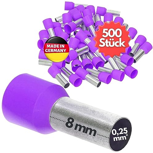 Kalitec 500x Aderendhülsen 0,25mm² - Adernhülsen 8mm Isoliert Violett | UL-gelistete Kabelhülsen aus Kupfer verzinnt, Industriequalität Made in Germany, für 0,25 mm² Leiterquerschnitt