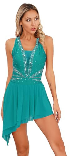 Freebily Damen Eiskunstlauf Kleid Ärmelloses Glitzer Ballett Tanzkleid Tanz Trikot Rollschuhanzug Für Rhythmische Gymnastik Wettkampf Bühnen Kostüm A_Grün S
