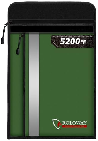 ROLOWAY Feuerfeste Dokumententasche (39,4 x 29,2 cm) mit 2 Taschen und 2,871 °C Aluminiumfolienschicht, feuerfeste Tasche für Dokumentensafe (grün)