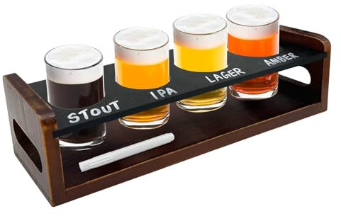 Juego de 4 tablas de vuelo de cerveza con vasos de 5 onzas, juego de degustación de vuelo de vino, tequila, margarita, whisky, tabla de vuelo de madera, bandeja para servir bebidas, soporte para vasos