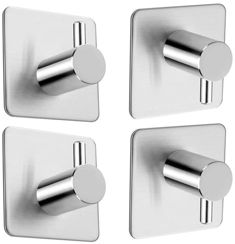 DOETYD 4 PCS Towel Hooks Self Adhesive Hooks Stainless Towel Hooks Waterproof Hooks for Coat Bathroom Kitchen Wall Door