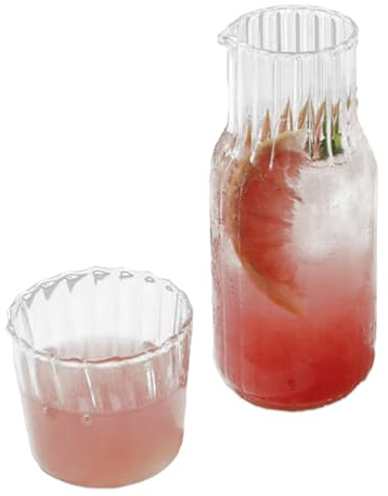 Marooma Bedside Water Carafe and Glass Set, Transparent Carafe with Cup, Vintage Fluted Glass Bedside Water Serving Carafe, Water Carafe and Glass Cups Set, Ribbed Carafe(17cm/6.7in-transparent)