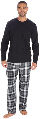 Style It Up Mens Long Sleeve Plain Top Checked Bottoms Sleepwear Pajama Set Crew Neck Warm Cozy Super Soft Adults Loungewear (GREY-BLACK, L)