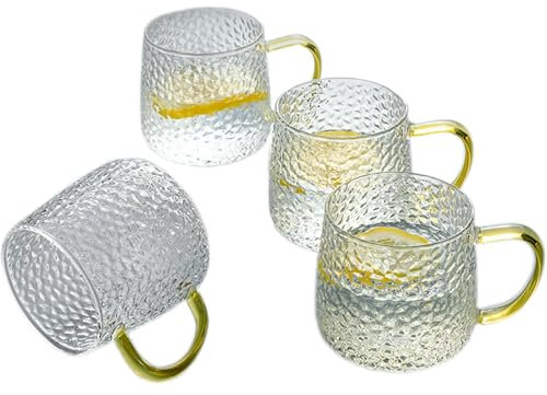 TRESV Set de 4 Tazas Transparentes de cristal agua de 350 ml para Desayuno, taza de Vidrio,Productos de vidrio,Tazas para Café y Té, taza de Agua, Bebida y Alcohol