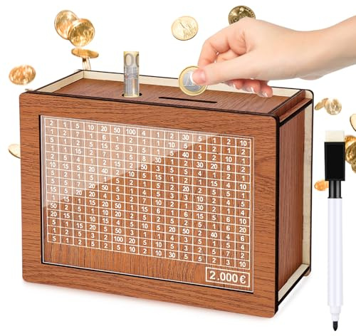 Kkluno Spardose 2000 Euro Mit Zähler - Wiederverwendbare Holz-Sparbox Mit Zahlen Ankreuzen, Geeignet für Kinder und Erwachsene