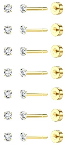ADRAMATA 7 Paar Threadless Ohrstecker Chirurgenstahl Ohrringe Set für Damen Herren 2-8mm Zirkonia Knorpelohrringe 18K Gold Ohrstecker für Tragus Daith Helix Ohrpiercing Flache Rückseite Ohrringe,BG