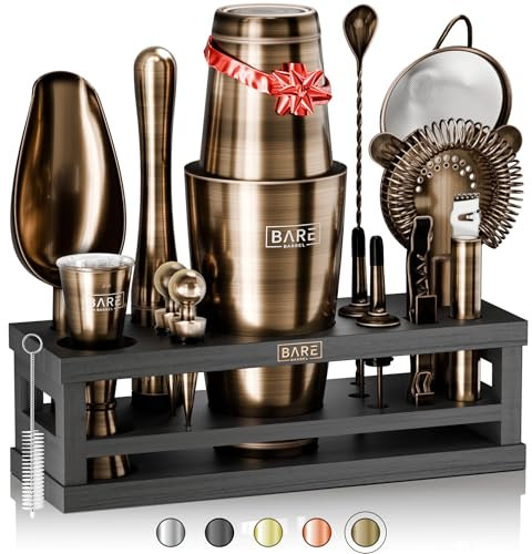BARE BARREL® Cocktail Making Kit | 16-Piece Bartender Kit Cocktail Shaker Set Maker | Bamboo Display Stand & 35 Recipe Cards | Mixology Cocktail Gift Set (800ml/28oz Boston Shaker, Brass/Black)