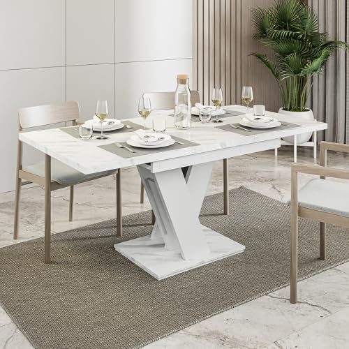 PROROOM FURNITURE MALVI Eleganter Ausziehtisch 120-160x80 cm Großer Esstisch Moderner Stil Weiße Marmoroptik