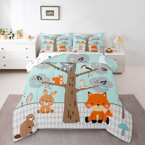 Woodland Animal Kids Duvet Set Single Jungle Rabbit Fox Squirrel Toddler Bedding Set for Boys Girls,Cute Cartoon Safari Wildlife Coverless Duvet Reversible Christmas Quilt Set, Microfiber Soft