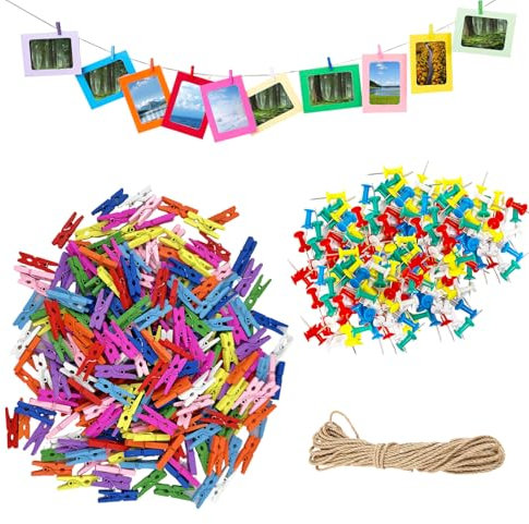 250 PCS Mini Wooden Pegs, 2.5cm Mini Pegs For Photos with 10m String and 50 Push Pins, Small Peg For Hanging Photos, Coloured Wooden Peg Craft for Photo Wall Display,DIY Art, Craft Project
