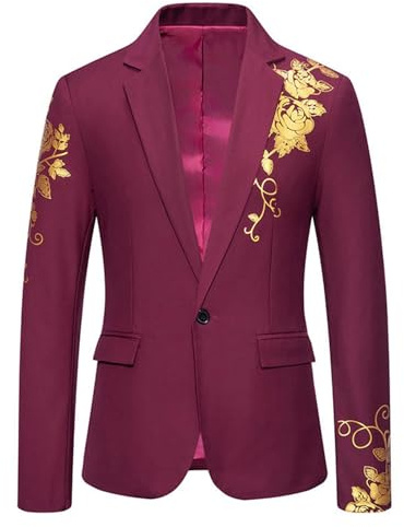 Beokeuioe Men's Jacket for Weddings Party, Festive Suit Men with Gold Floral Pattern, Suit Jacket, Regular Fit, Business Jackets, Carnival, Blazer, Prom, Tuxedo Jacket, red, M