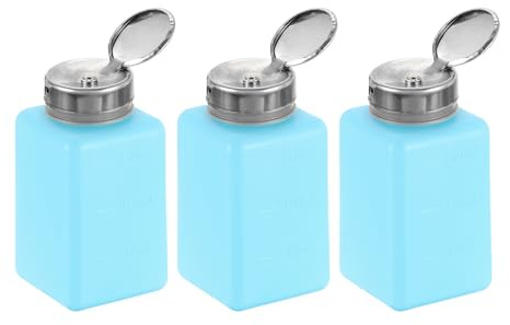 HARFINGTON 3pcs Solvent Alcohol Dispenser 180ml(6.1oz) Nail Polish Remover Push Down Liquid Dispenser Pump Bottle with Stainless Steel Press Head for Acetone Cleanser Polish Remover, Blue