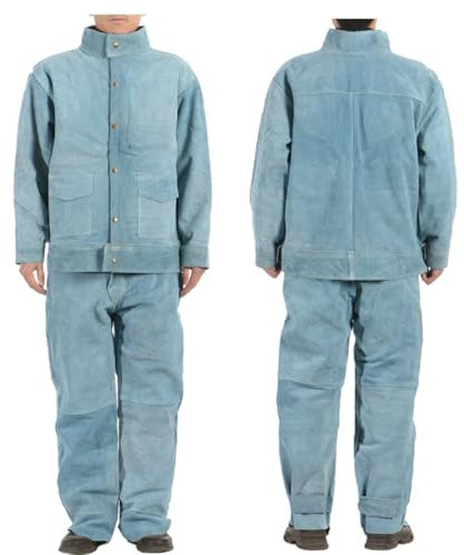 BIRJXVTO Overalls Rindsleder Schweißanzug Denim Atmungsaktive Schweißer Schutzanzug,Light Blue Set,L