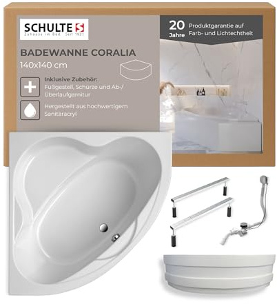 Schulte Eckbadewanne Coralia 140x140 cm, Set inkl. Fußgestell, Ab- und Überlauf, aus hochwertigem Acryl in Weiß glänzend