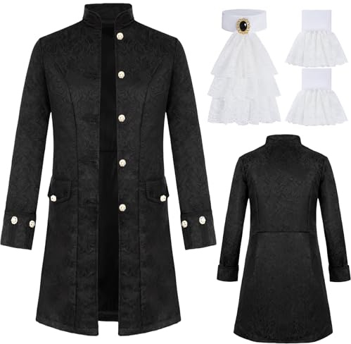 Steampunk Mantel Herren Vintage Gothic Frack Jacke Mittelalter Kleidung Victorian Piraten Vampir Cosplay Outfit Karnevalskostüm Gehrock Uniform mit Jabot aus Spitze für Fasching Fastnacht, XL