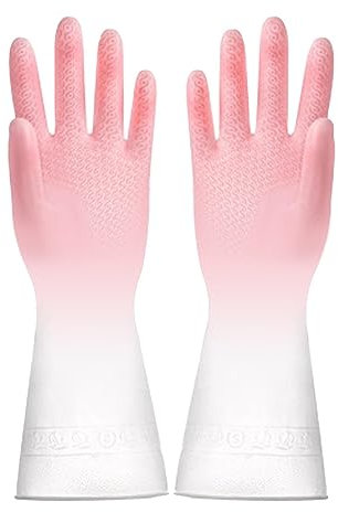 2Pcs Kitchen Gloves, Cleaning Gloves Dish Washing Gloves Reusable Tight Fit Multifunctional Long Dishwashing Gloves for Home (White Pink)