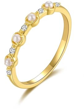 Mesnt 14K Gelbgold Goldring Damen 585 Echtgold mit Rund Erstellte Perle und Moissanit, Größe 56 (17.8)