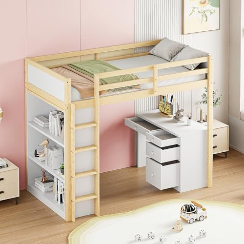 Huayz Hochbett mit Schreibtisch und Schrank, Kinderbett 90x200 cm - Tisch mit 4 Stauraum, Etagenbett, Kinder Bett mit Lattenrost,ohne Matratze (Holzfarbe+Weiß)