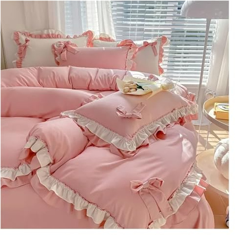 Bed, White Ruffled Bedding Seersucker Thicken Bow Sheet Washed Pillowcase Set Luxury Bedroom Warm Bedding Linen Bed Ruffle Cotton Princess Girl Decor Quilt Cover