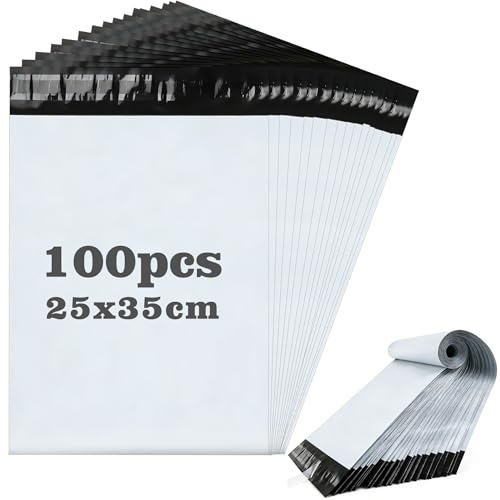 100 Piezas Bolsas Envio de Plástico, 25X35cm Sobres Envios Impermeables, Autoadhesivas paquetes, Opacas, Resistente y Segura, para Enviar Ropa, Calzado, Accesorios, etc