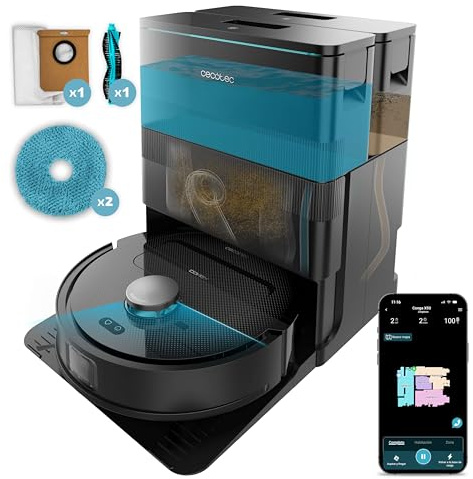 Cecotec Robot Aspirador y Friegasuelos con Base Autovaciado Conga X50. Motor de Succión 15000Pa, Base 4 en 1, Tecnología Láser, Mopas Giratorias, Cepillo Lateral, App y Conexión Bluetooth y WiFi