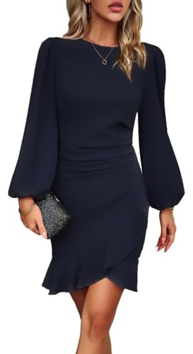 HUXRAKV Dresses for Women UK Elegant Cocktail Dresses Long Puff Sleeve Bodycon Ruffle Hem Ladies Evening Party Formal Business Dress,21-Navy Blue,M
