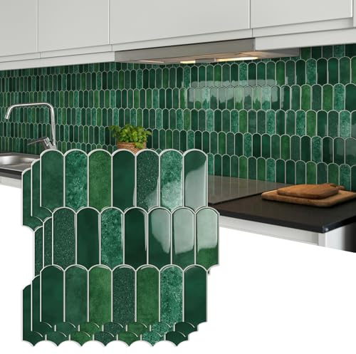 10-Sheet Upgraded Thicker Peel and Stick Kitchen Backsplash Tiles,Waterproof Self-Adhesive Vinyl Wall Tile Stick on Backsplash for Kitchen,Bathroom,Fireplace and RV(Forest Green,12×12)