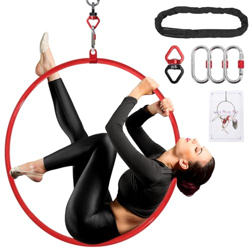 Aerial Hoop mit ZubehöR Aufbewahrungstasche - Hochwertig Rot 85/90 cm Lyra Hoop Aerial Yoga Set füR Tanz Kunst Yoga Zirkus Luftring Akrobatik, 2 Tonnen-Sicherheitssystem Aerial-Hoop