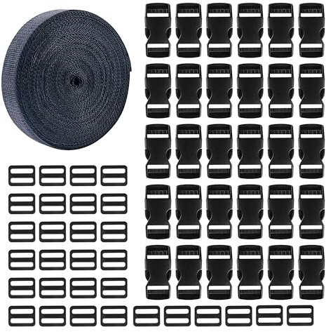HAXIHA 10 m nylonband, 30 par spänne, spännband, 25 mm upplåsningsspänne på sidan, justerbart clips-lås, för ryggsäck väska, resväska, hundkrage