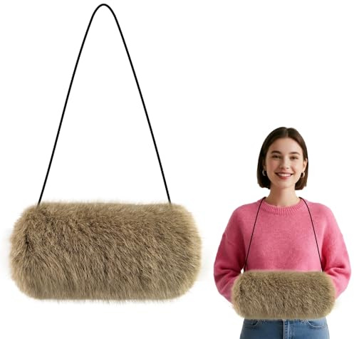 EQLEF Women Handmuff, Comfortable Faux Fur Hand Warmer for Winter Soft Cosy Hand Muffs with Hanging Strap (Brown)