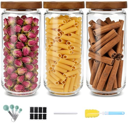 CxutSa 3PCS Tarros de Cristal con Tapa 1000ml Botes de Cristal con Tapa de Madera para Alimentos, Pasta, Cereales, Legumbres, Café
