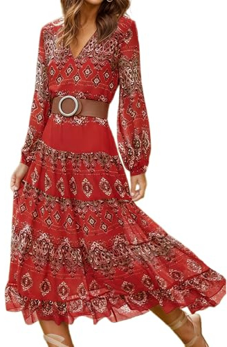 Women's Western Chiffon Ruffle Lantern Long Sleeve Maxi Dress Summer Vintage Ethnic V Neck Swing Long Dress (Large, Red)