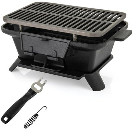 Barbecue de table portable en fonte avec grille de cuisson double face, flux d'air réglable et porte d'accès au charbon de bois – Parfait pour le camping en plein air et les pique-niques et les