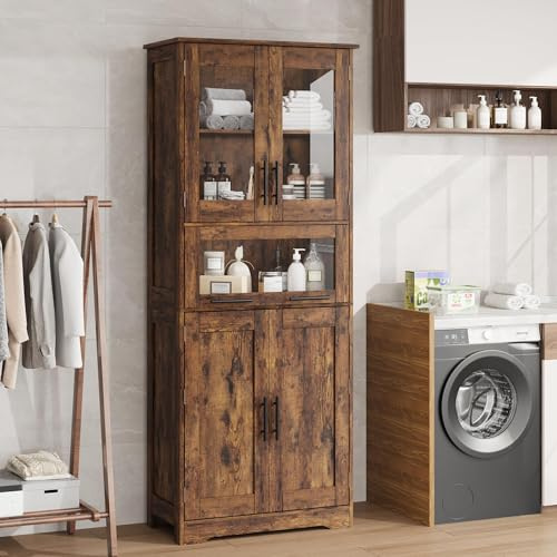Niwugady Badezimmerschrank 67 x 30 x 170 cm, Badschrank mit 4 Türen und 1 Schublade, Badezimmer Hochschrank mit Verstellbaren Regalen für Badezimmer, Wohnzimmer, Flur, Küche, Vintage