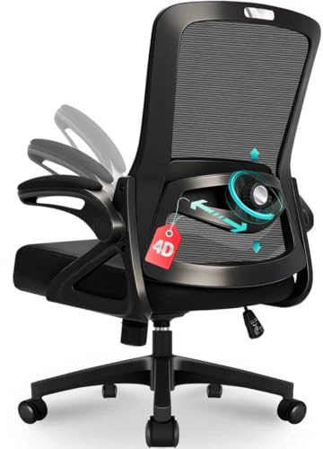 Milacyee Bürostuhl Ergonomisch, Schreibtischstuhl mit Verstellbarer 4D Lendenwirbelstütze, Drehstuhl mit Klappbare Armlehnen, Computerstuhl mit 90°-125° Liegefunktion, Netzstuhl bis 130KG, Schwarz
