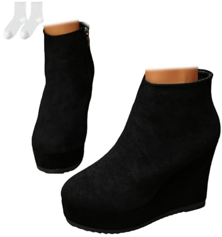 Stivaletti Da Donna Con Tacco A Zeppa, Stivaletti Con Plateau E Cerniera Laterale Effetto Camoscio, Stivali Corti Per Uso Quotidiano, Tempo Libero, Autunno Inverno E Streetwear,Nero,36 EU