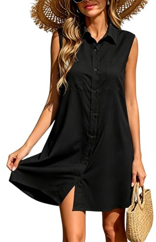 Rayson Vestito Donna Estivo Casual Senza Maniche con Scollo a V Vestito Mare Elegante con Botton Abiti da Spiaggia Abiti Estivi da Donna Midi Dress(Nero,XL)