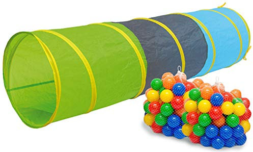LittleTom Spieltunnel für Kinder - 200 Bälle - 180x46 Activity Spieltunnel Baby Turnen - Tunnel Spielzeug Kinder Krabbeltunnel - Krabbelrolle Raupe Kinder Tunnel Outdoor - Bällebad Kinderturnen Indoor