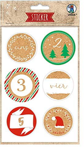 Ursus 59520002F - Sticker Adventszahlen, 24 Stück, mit Adventszahlen und winterlichen Motiven, selbstklebend, Durchmesser ca. 4,8 cm, zum Basteln von individuellen Adventskalendern
